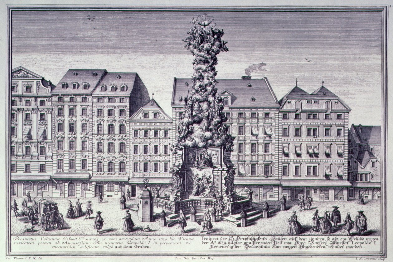 Udsigt over Pestsaule, pestsøjlen bestilt af kejser Leopold I til minde om Wiens udfrielse fra pesten i 1679, udtænkt af jesuitterne og henrettet af Matthias Rauchmiller, Lodo af Salomon after Kleiner