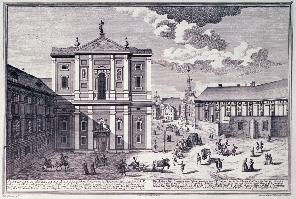 Udsigt over Schottenkirche (skotsk kirke) indgraveret af George-Daniel Heumann (1692-1759) af Salomon after Kleiner