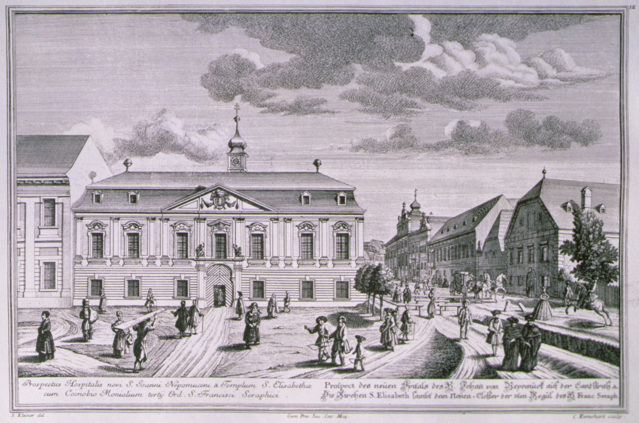 Udsigt over det nye hospital i St. John Nepomuk, Wien, indgraveret af Karl Remshard (1678-1735) af Salomon after Kleiner