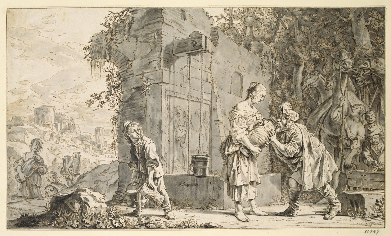 Rebecca og Eliezer, 1660 (pen og blæk og vask på papir) af Salomon de Bray