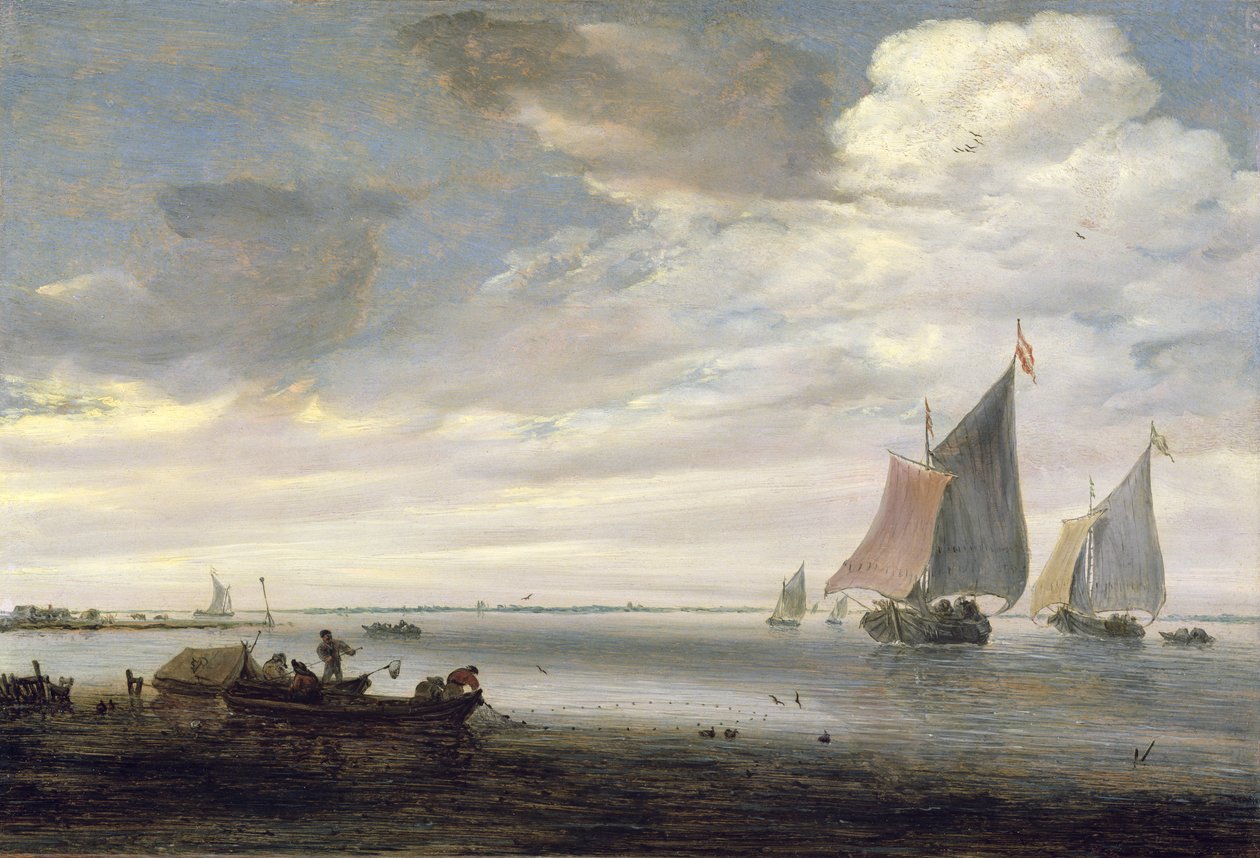 Bred flodmunding med både, ca. 1660 af Salomon van Ruisdael or Ruysdael