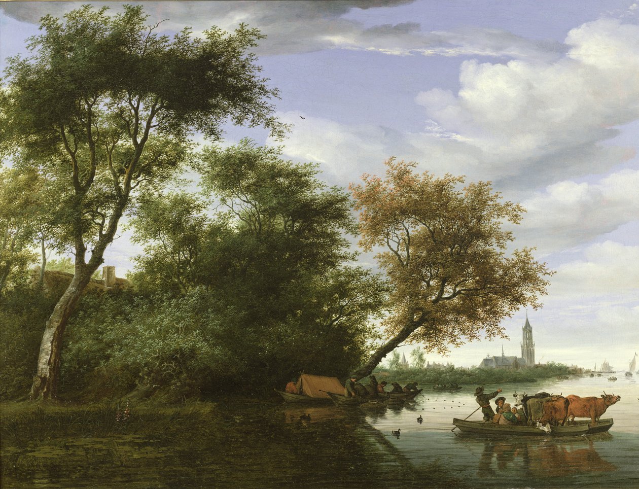 Skovklædt flodlandskab med figurer og kvæg på en færge af Salomon van Ruisdael or Ruysdael