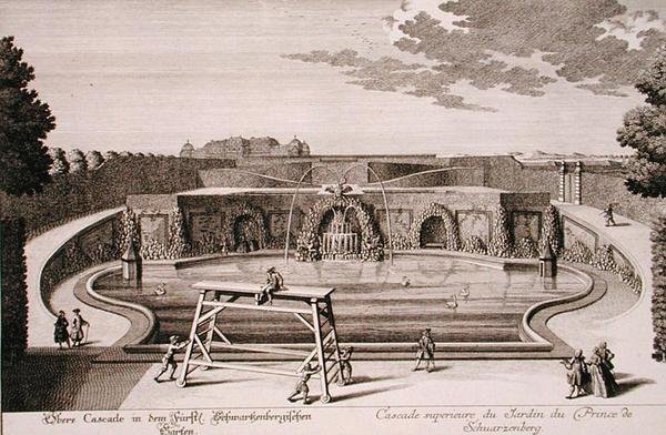 Stort springvand i prinsen af Schwarzenbergs have, Wien, graveret af Georg-Daniel Heumann (1691-1759), udgivet ca. 1724-37 (stik) (se også 170853) af Salomon (after) Kleiner