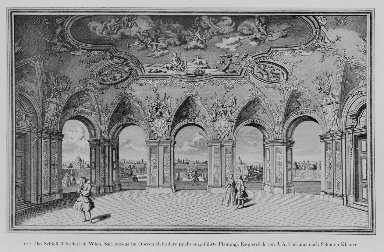 Oberes Belvedere: Sala terrena, uudført design, indgraveret af Johann August Corvinus (litho) af Salomon (after) Kleiner