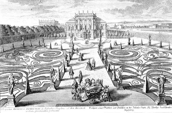 Udsigt over en have og et hus i Josefstadt, Wien, indgraveret af Johann August Corvinus (1683-1738) (stik) af Salomon (after) Kleiner