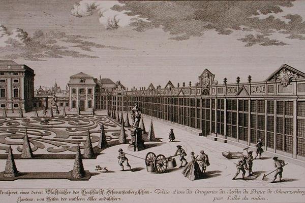 Udsigt over et af orangerierne i prinsen af Schwarzenbergs have, Wien, indgraveret af Georg-Daniel Heumann (1691-1759), udgivet ca. 1724-37 (stik) (se også 170855) af Salomon (after) Kleiner