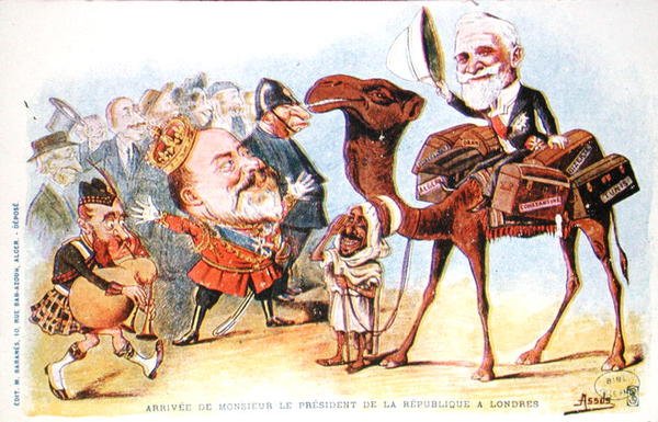 Karikatur af den franske republiks præsident Emile Loubets (1838-1929) ankomst til London i 1903 (farve litho) af Salomon Assus