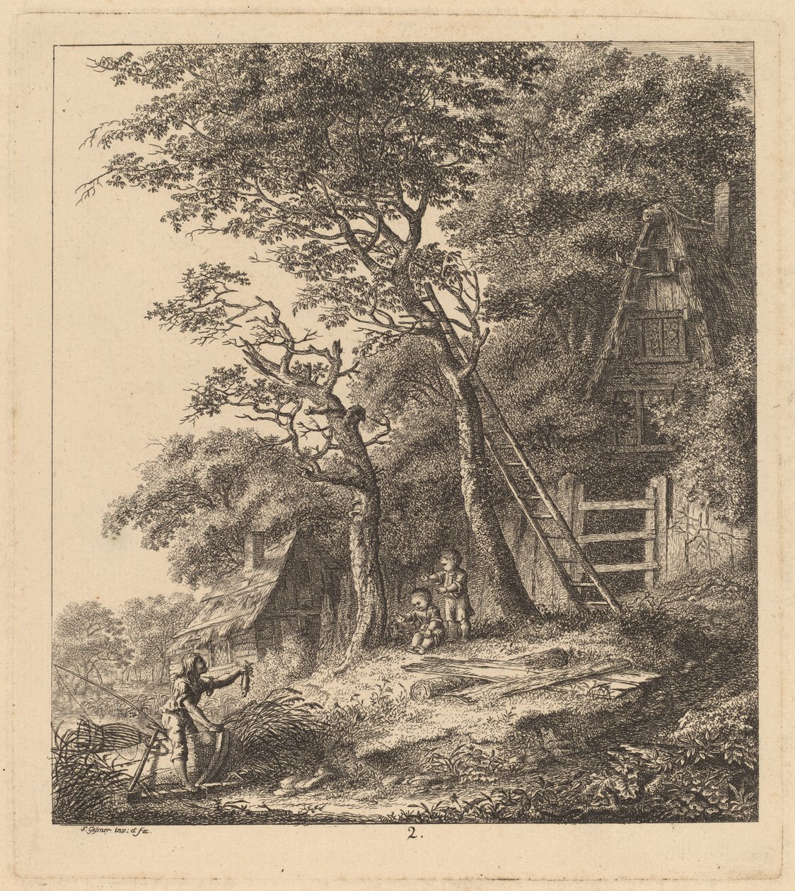 En fisker og to børn i et landskab med stråtækte hytter, 1764. af Salomon Gessner