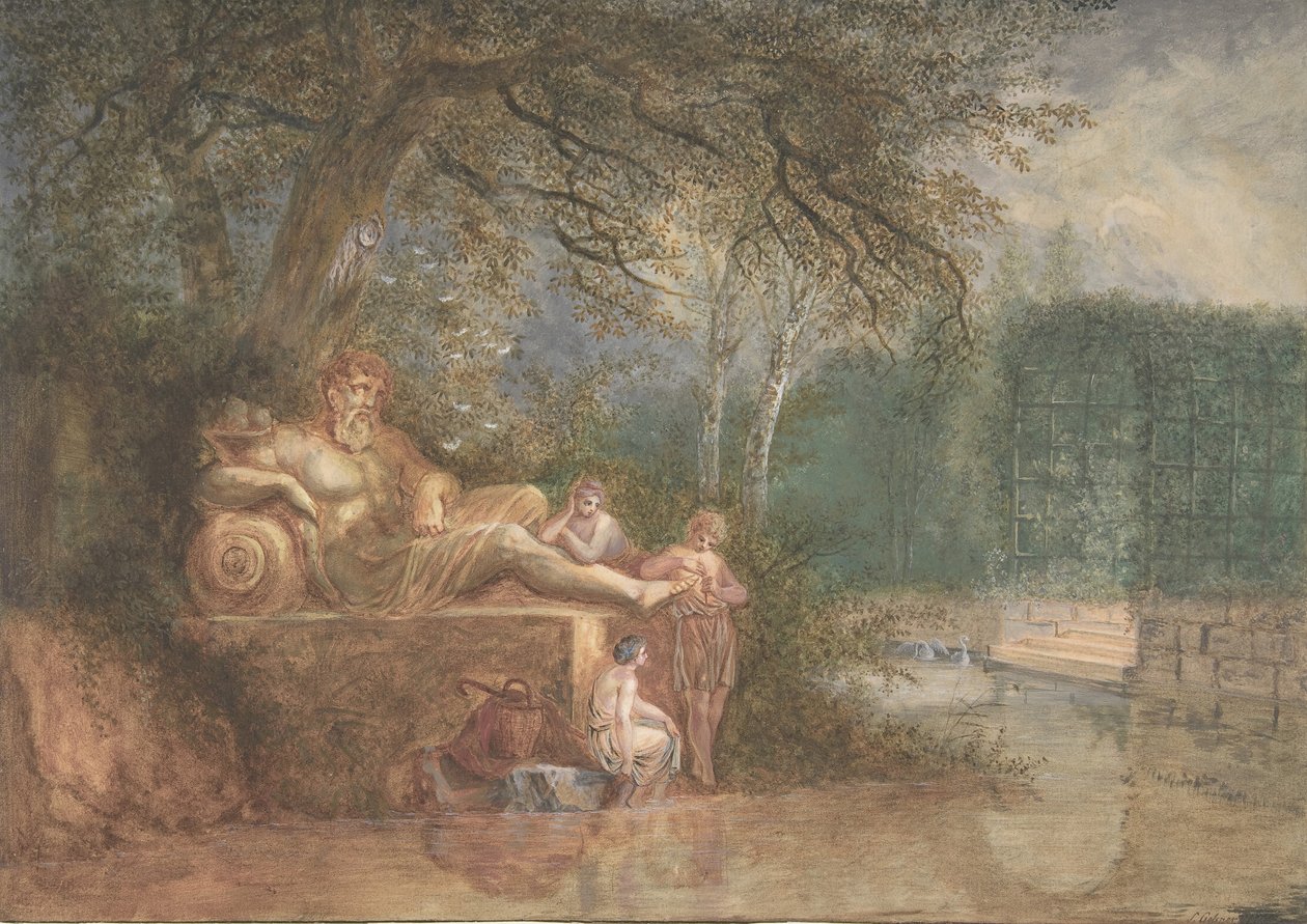 En park med figurer ved en statue nær vand, 1775. af Salomon Gessner