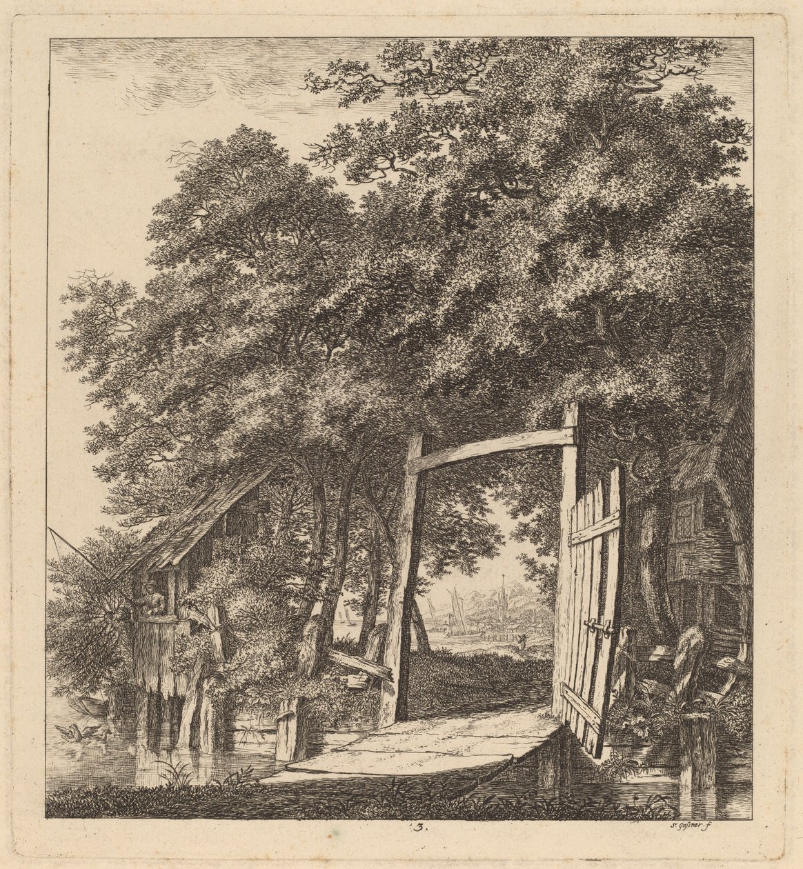 En rustik port ved siden af en sø af Salomon Gessner