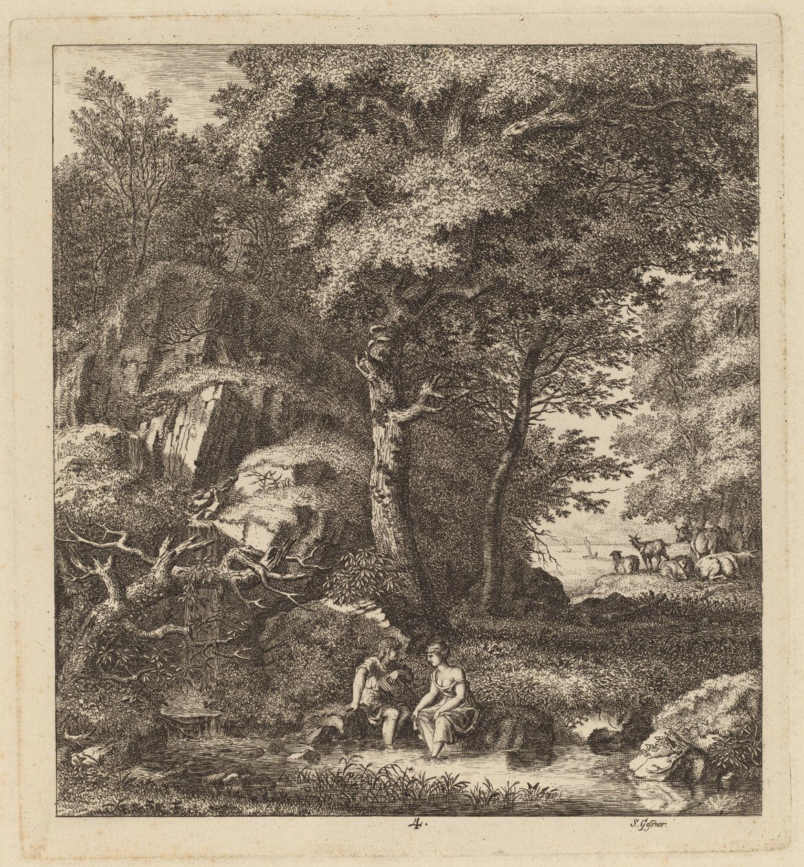 En hyrde og en ung kvinde med deres fødder i en bæk, 1764. af Salomon Gessner