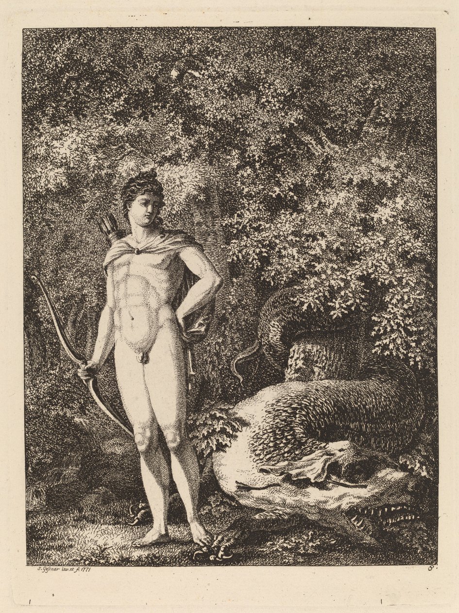 Apollo med bue og drage, 1771. af Salomon Gessner