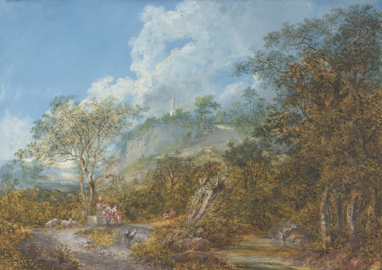 Arkadisk landskab med en obelisk, 1785. af Salomon Gessner