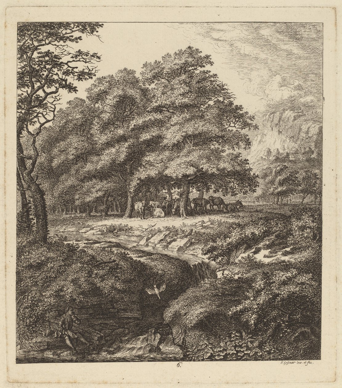 Kvæg hviler i en lund med en mand siddende ved siden af en bæk, 1764. af Salomon Gessner