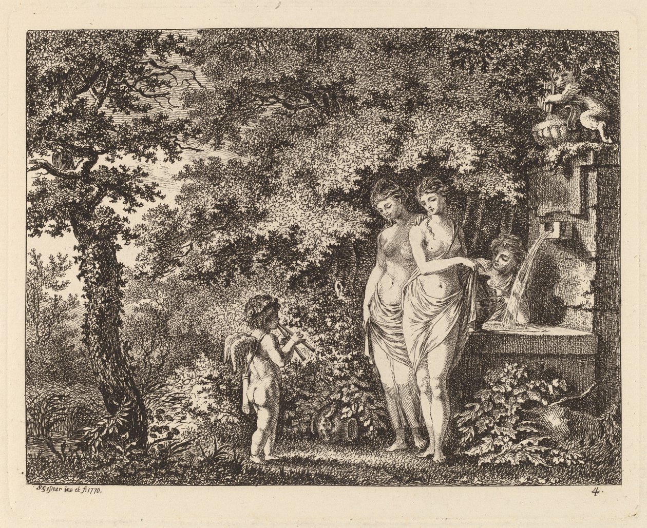Eros med tre piger ved et springvand, 1770. af Salomon Gessner