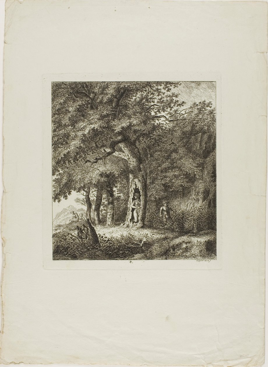 Nymfe, der gemmer sig i et træ, plade otte fra Paysages Dédiés à M. Warelet af Salomon Gessner