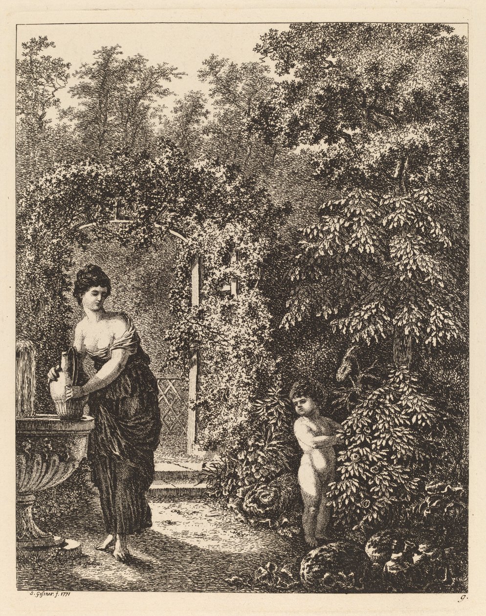 Putto besøger en pige ved et springvand af Salomon Gessner