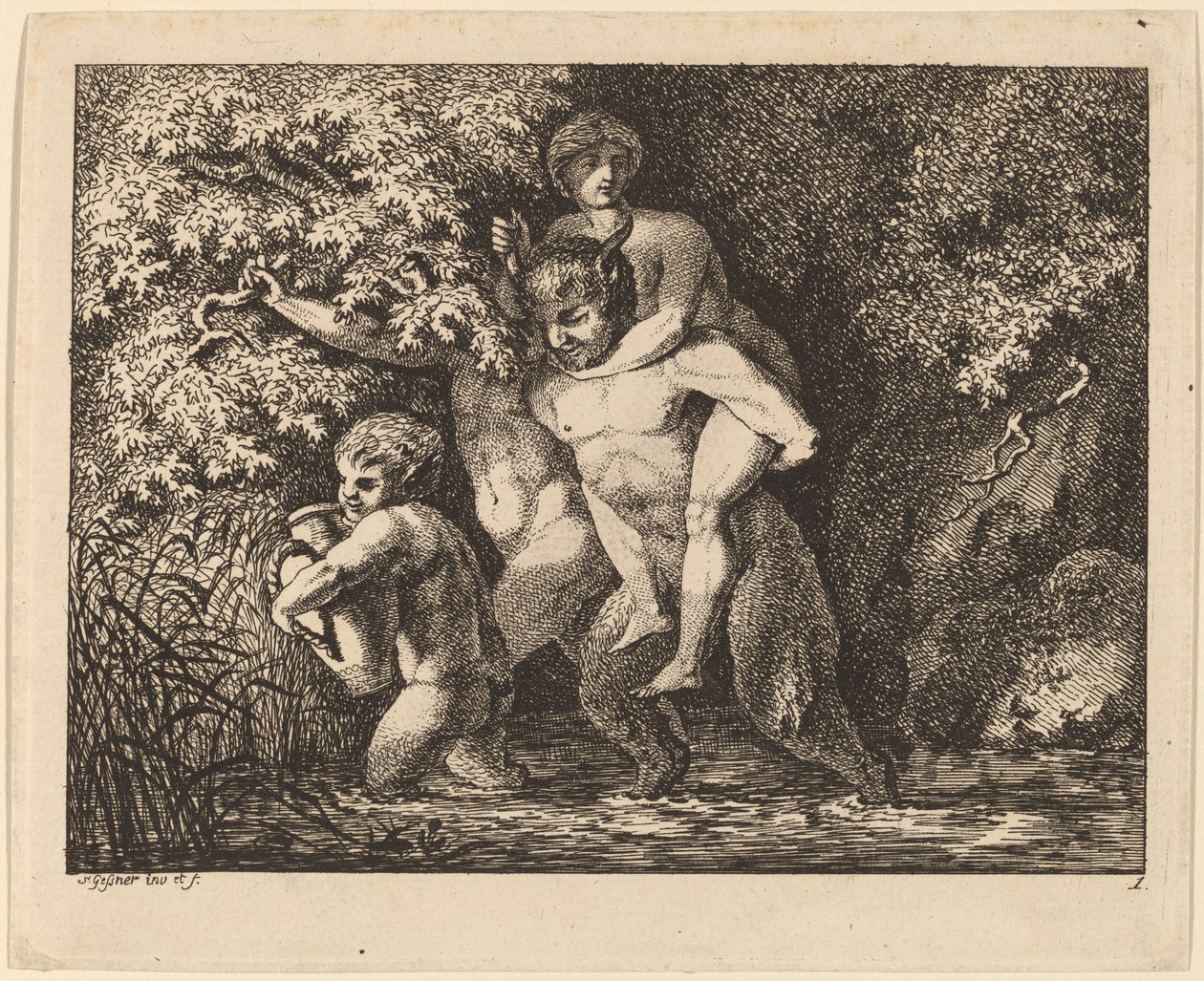 Satyr, der bærer en nymfe af Salomon Gessner