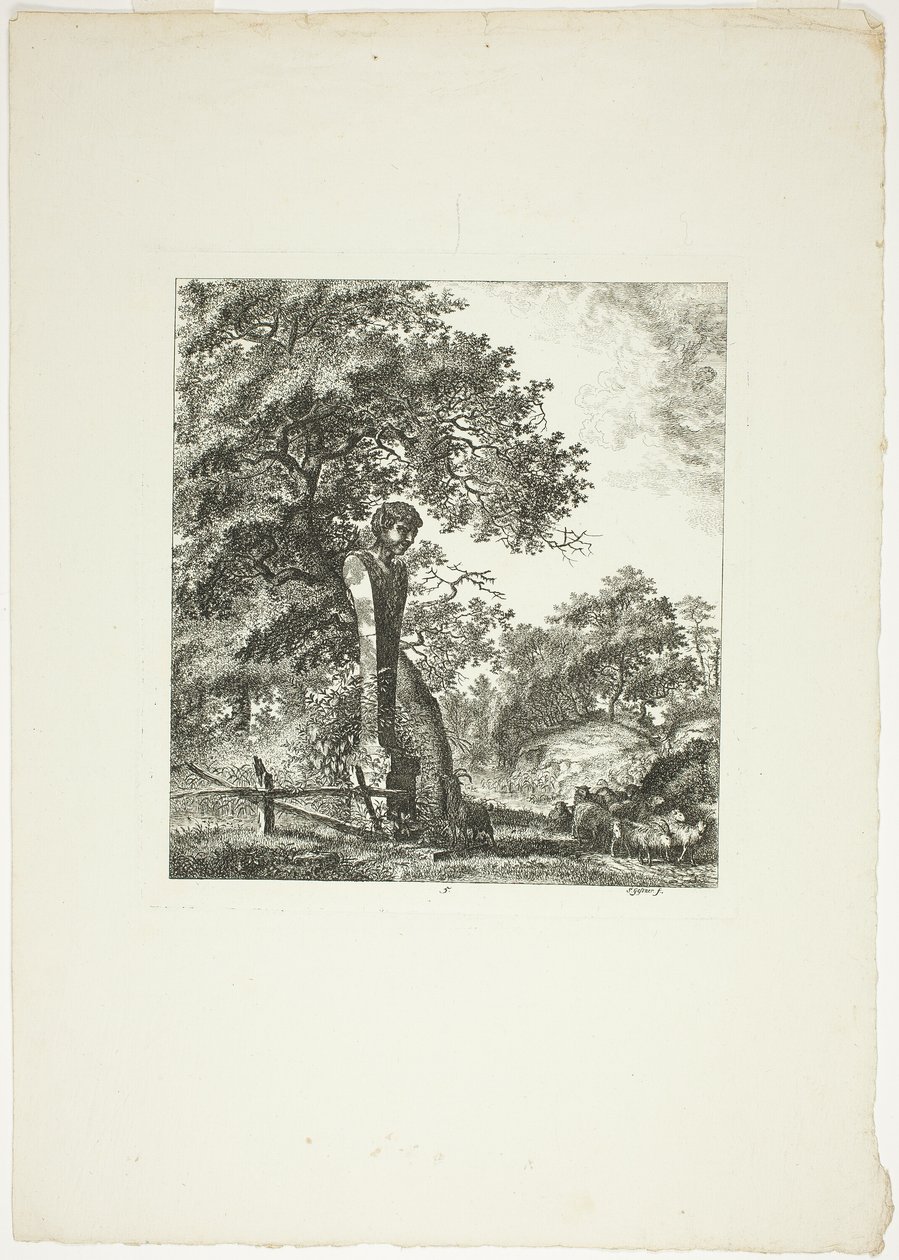 Får ved en statue af Pan, plade fem fra Paysages Dédiés à M. Warelet af Salomon Gessner