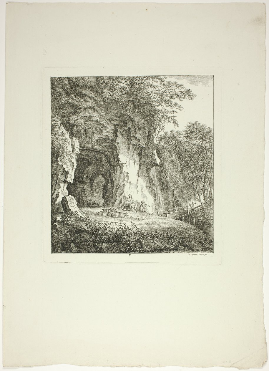 Hyrder og får hviler under en bro, plade syv fra Paysages Dédiés à M. Warelet af Salomon Gessner