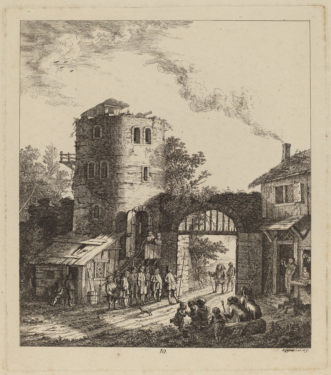 Landsbyboere ved en byport, der hilser en dignitær, 1764. af Salomon Gessner