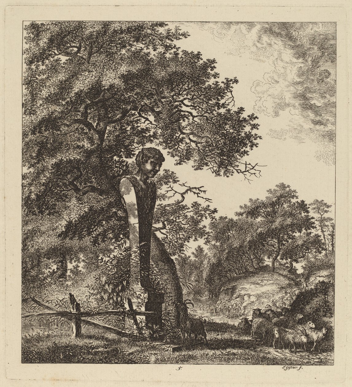 Skovklædt landskab med en flok geder og en herm, 1764. af Salomon Gessner