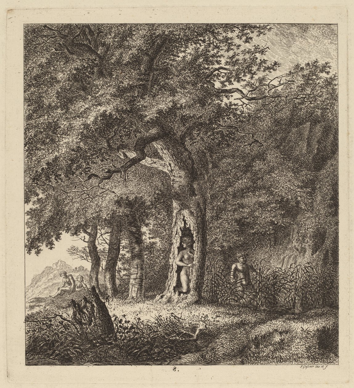 Skovklædt landskab med en nymfe og en satyr af Salomon Gessner