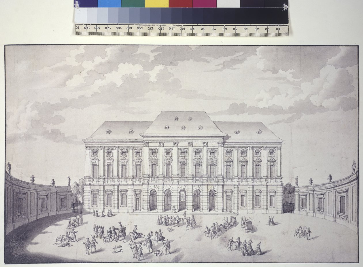 Hele siden: Liechtensteins haveslot, Wien, forside af slottet (pen, pensel og blæk) af Salomon Kleiner