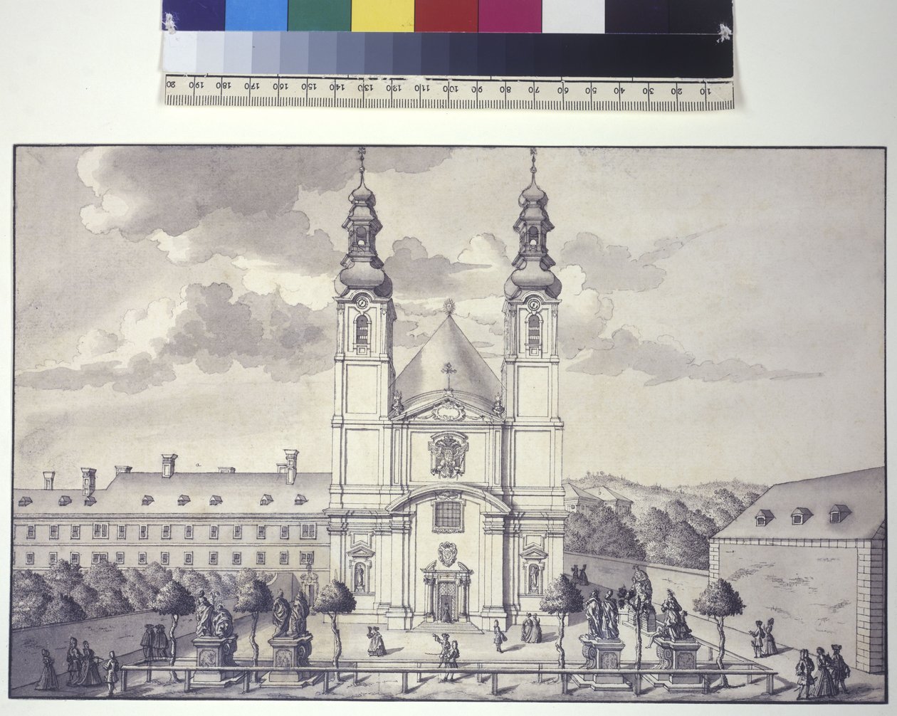 Helside: forside af Servitekirken i forstaden Rossau (tuschtegning) af Salomon Kleiner