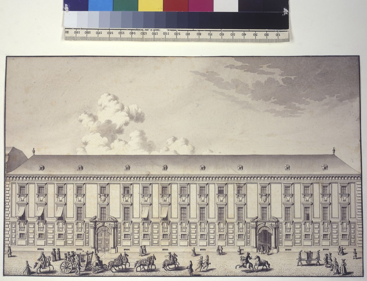 Helside: forside af paladset ved Nos (tuschtegning) af Salomon Kleiner