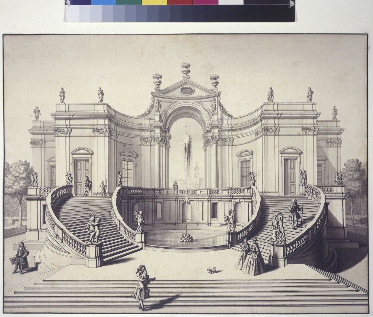 Helside: havepalads i haven ved Liechtenstein Slot, Rossau, Wien (tuschtegning) af Salomon Kleiner