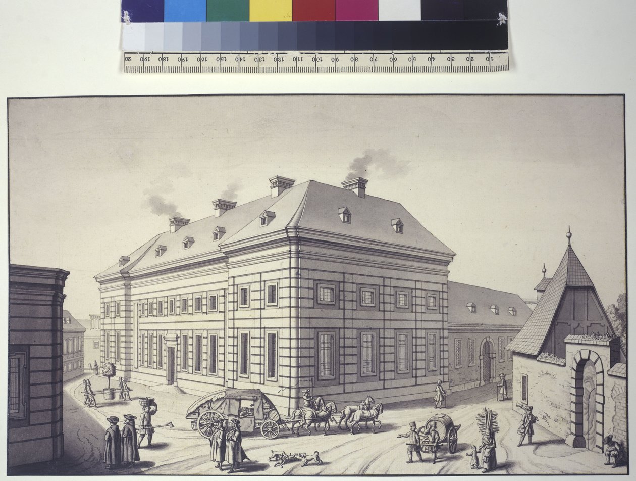 Helside: skråt billede af orangeriet, der tidligere lå over for Liechtensteins haveslot i Rossau (tuschtegning) af Salomon Kleiner