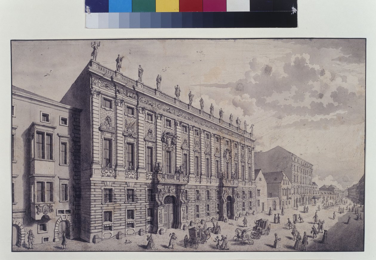 Helside: skråt billede af prins Eugen af Savoyens bypalads i Himmelpfortgasse (pen, pensel og blæk) af Salomon Kleiner