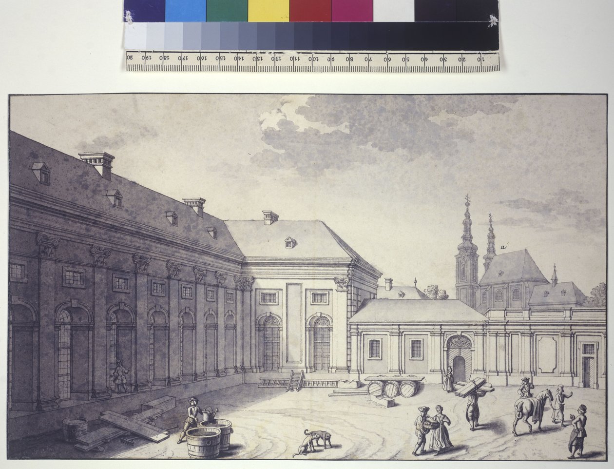 Helside: Udsigt til den indre gård foran Orangeriet (tuschtegning) af Salomon Kleiner