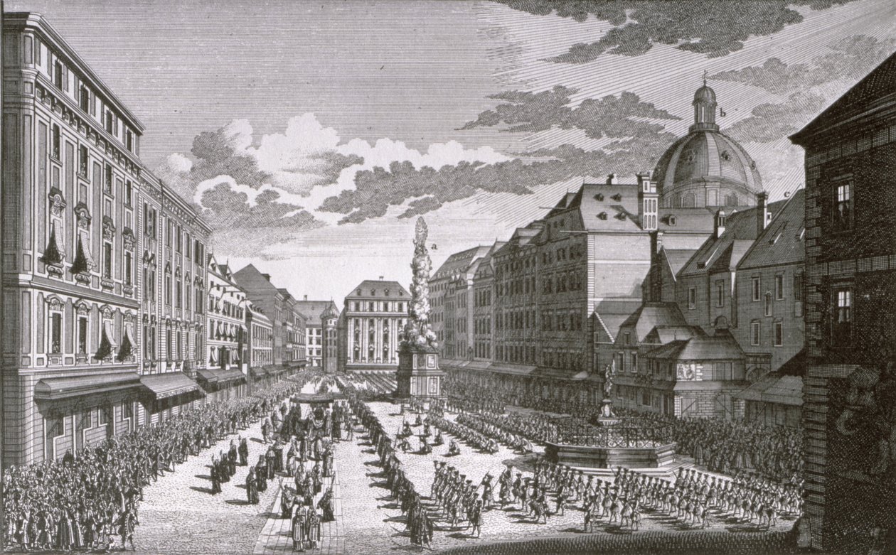 Udsigt til en procession i Graben, graveret af Georg-Daniel Heumann (1691-1759) af Salomon Kleiner
