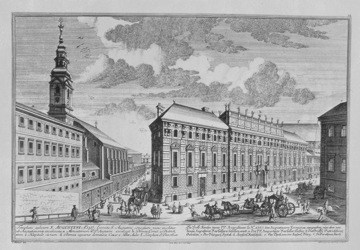 Udsigt over Dorotheergasse, der viser Stallburg og klosterkirken i Dorotheum indgraveret af Hieronymous Sperling (1695-1777) af Salomon Kleiner