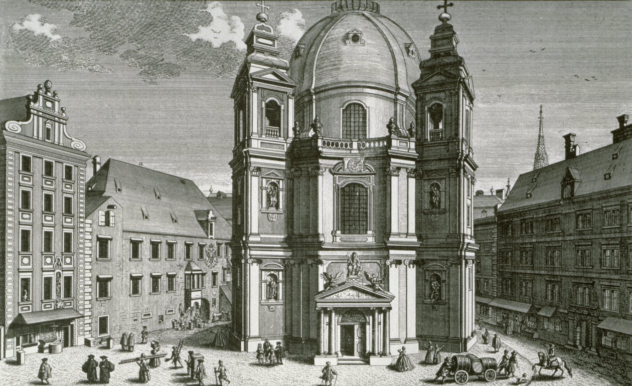 Udsigt over Peterskirche, Wien indgraveret af Johann Bernard Hattinger af Salomon Kleiner
