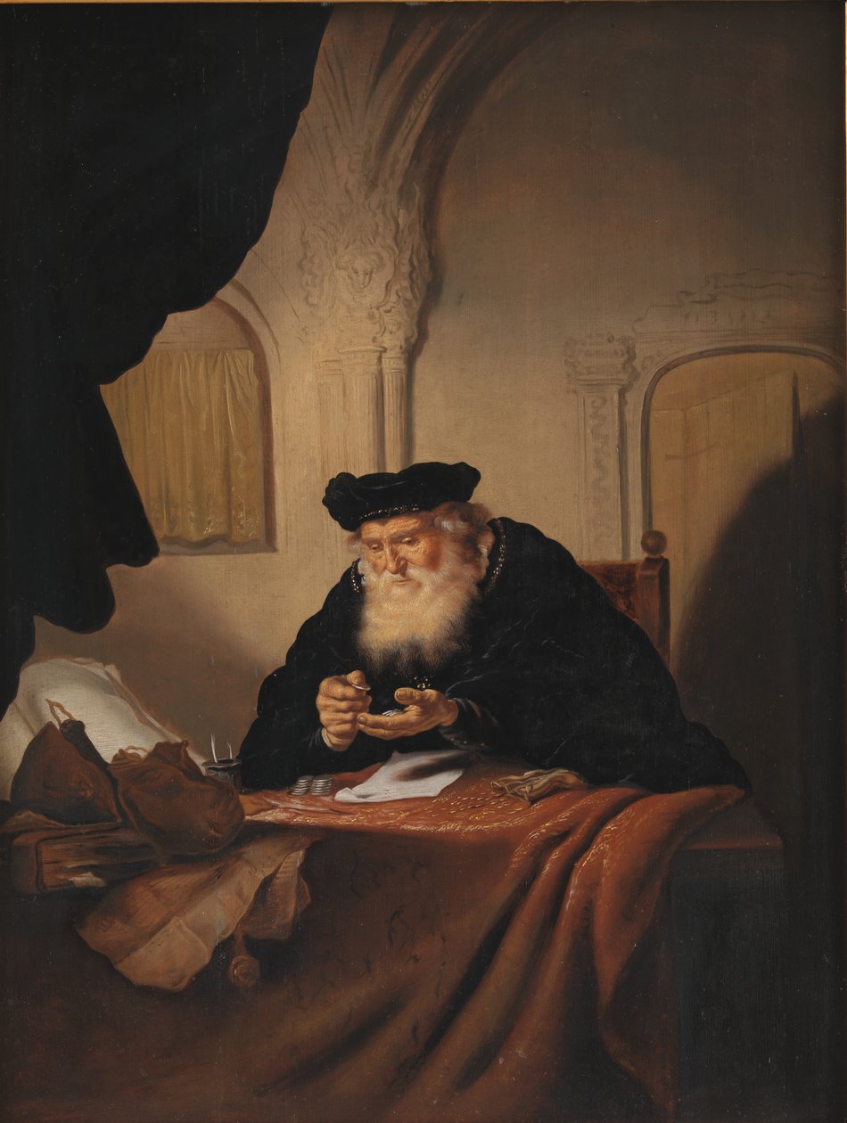 En gammel mand tæller sine penge af Salomon Koninck