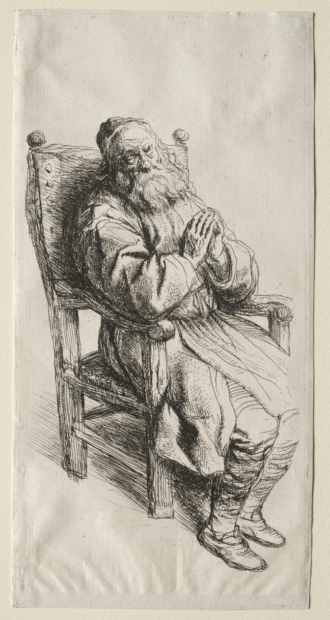 En gammel mand i en stol, der beder af Salomon Koninck