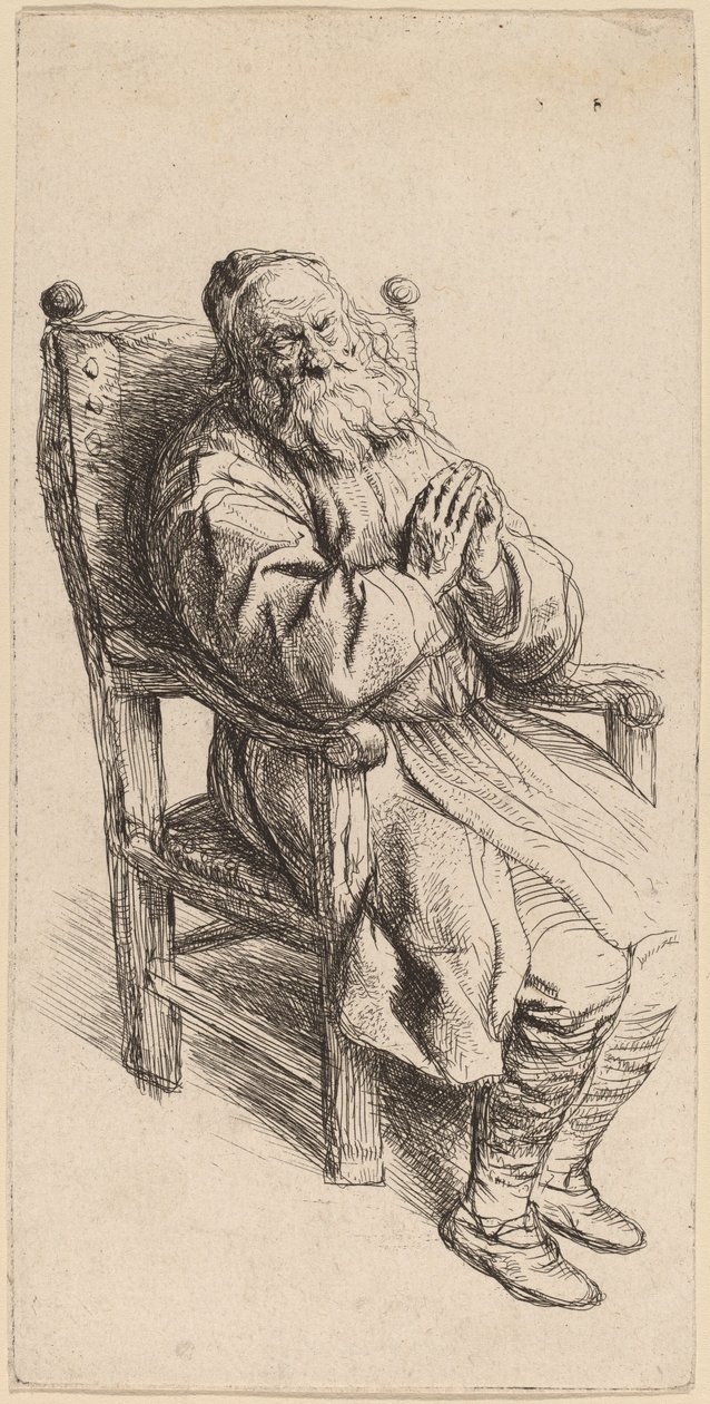 Gammel mand sover i en lænestol af Salomon Koninck