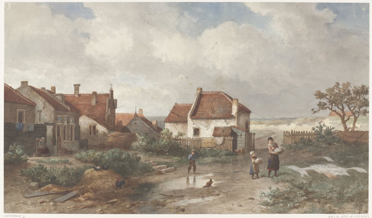 Huse i udkanten af en landsby i klitterne af Salomon Leonardus Verveer