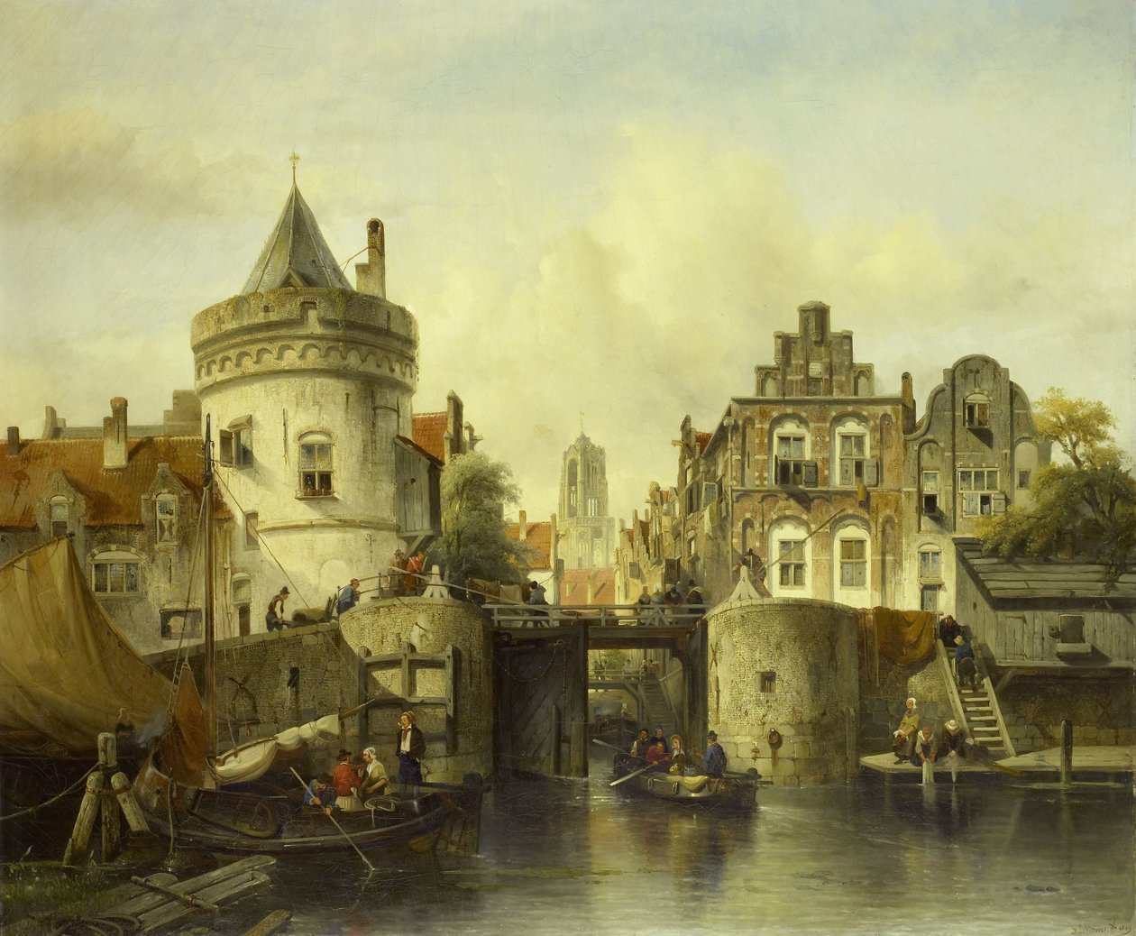 Imaginary View baseret på Kolksluis, Amsterdam af Salomon Leonardus Verveer