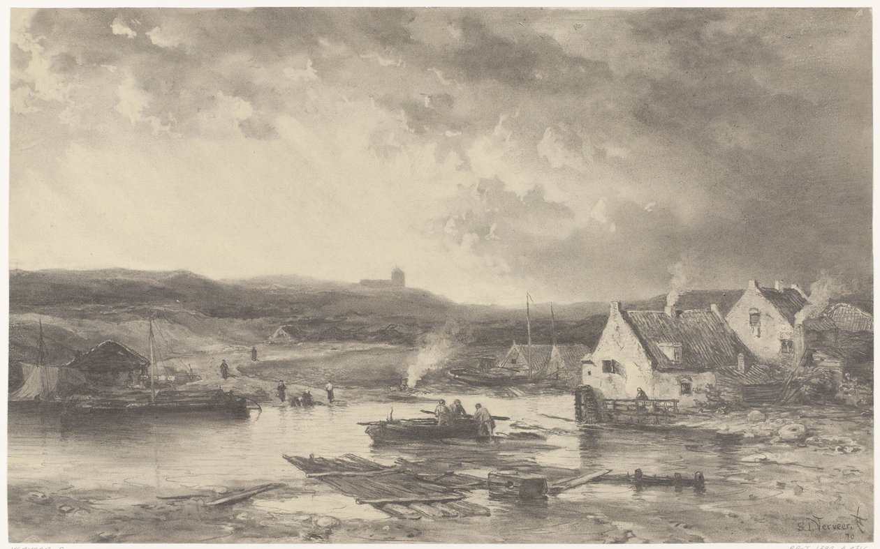 Flodlandskab med nogle huse og en vandmølle af Salomon Leonardus Verveer