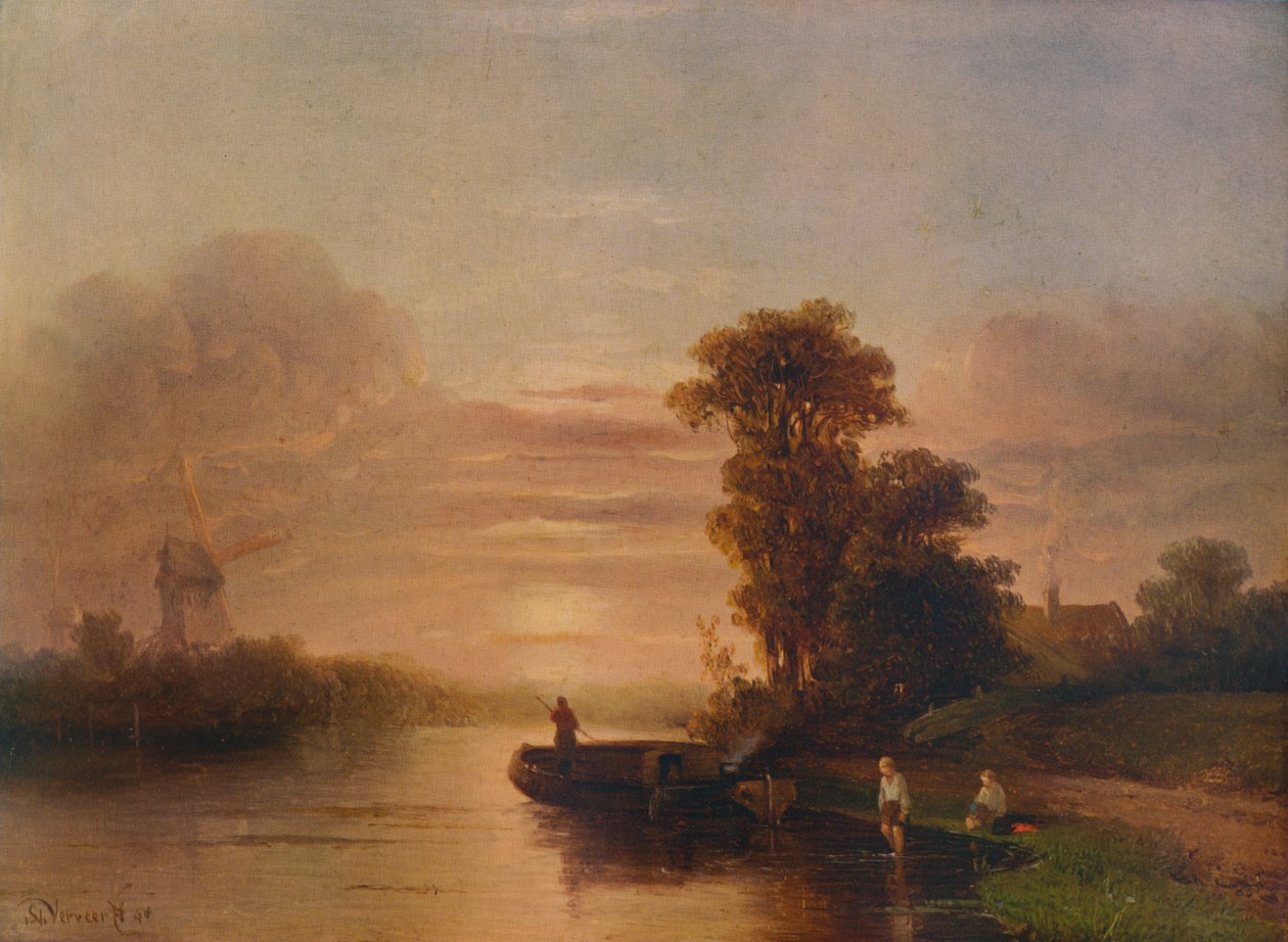 Solnedgang ved en flod, med vindmølle og sommerhus, 1848, 1938 af Salomon Leonardus Verveer