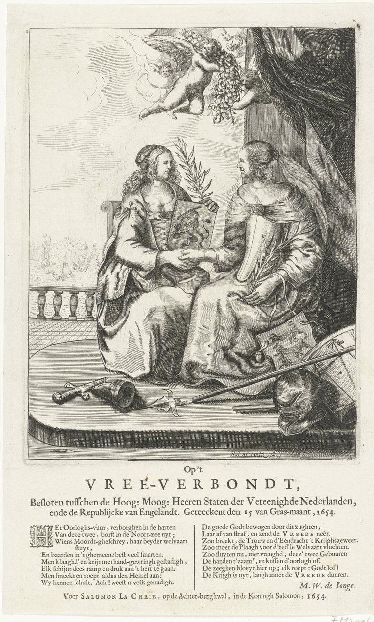 Frase til freden i Westminster, 1654 Paa Vree-Verbondt, Lukket mellem det Høje: Moog: Heeren Staten der Vereenighde Nederland, ende Republikcke van Englandt. Geteeckent den 15 van Gras-maant, 1654 (titel på objekt) af Salomon Pietersz. Lachair