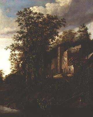 Et skovklædt flodlandskab med bønder ved en herregårdsruin af Salomon Rombouts