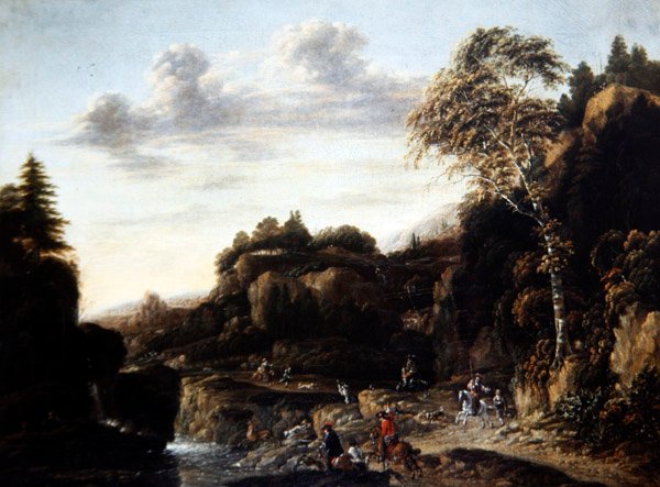 Skovklædt landskab med kronhjortjagt ved en flod, ca. 1690 (olie på lærred) af Salomon Rombouts
