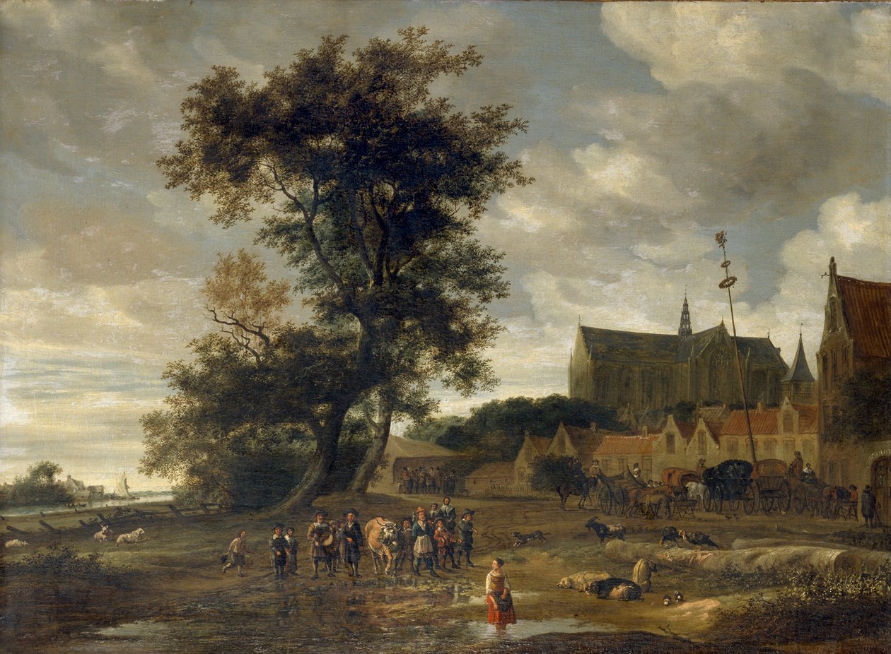 Scene foran en majstang med Alkmaar-kirken i baggrunden, 1669 af Salomon Ruysdael