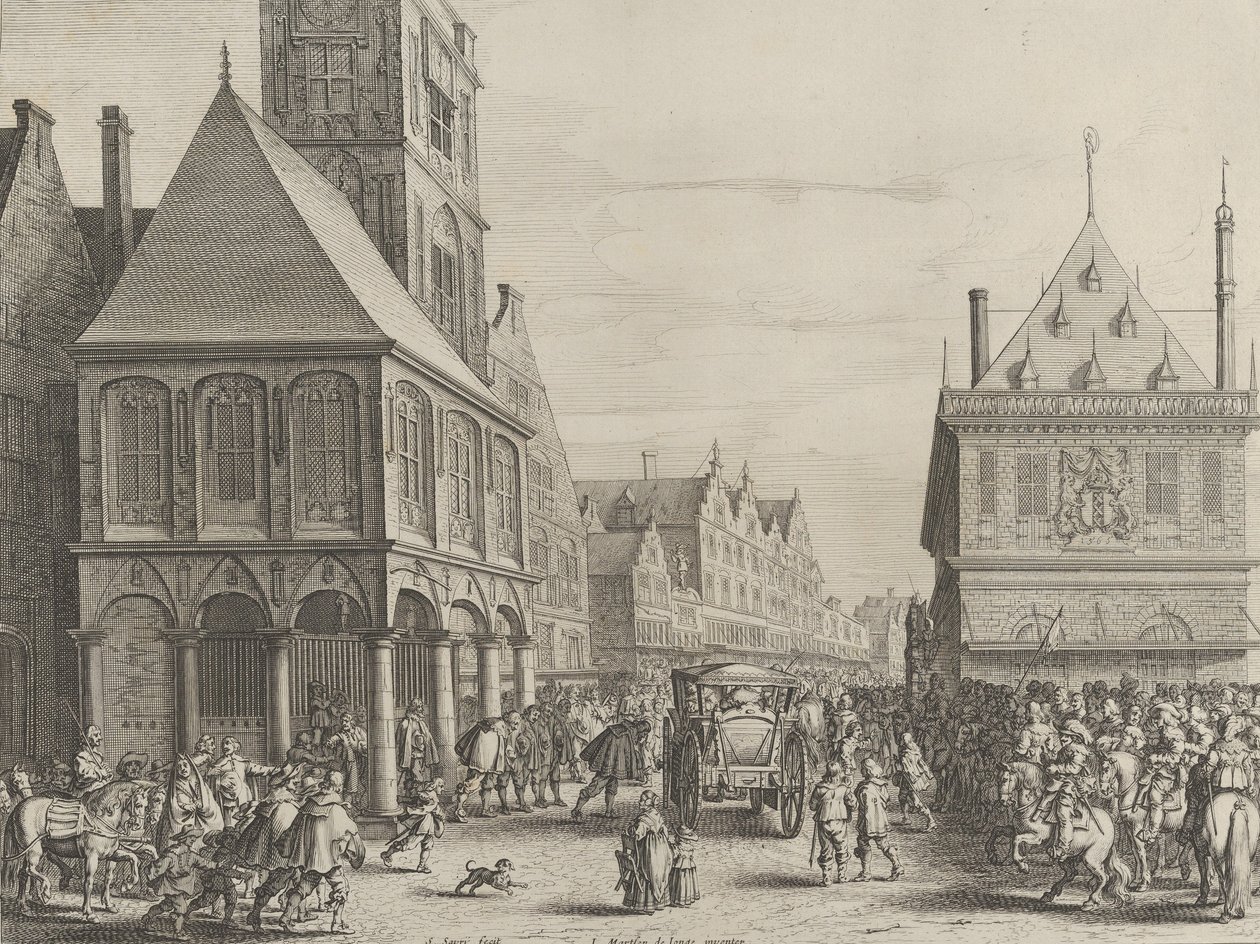 Bydommere tager afsked med Marie de Medici før rådhuset, fra Caspar Barlaeus..., 1638. af Salomon Savery