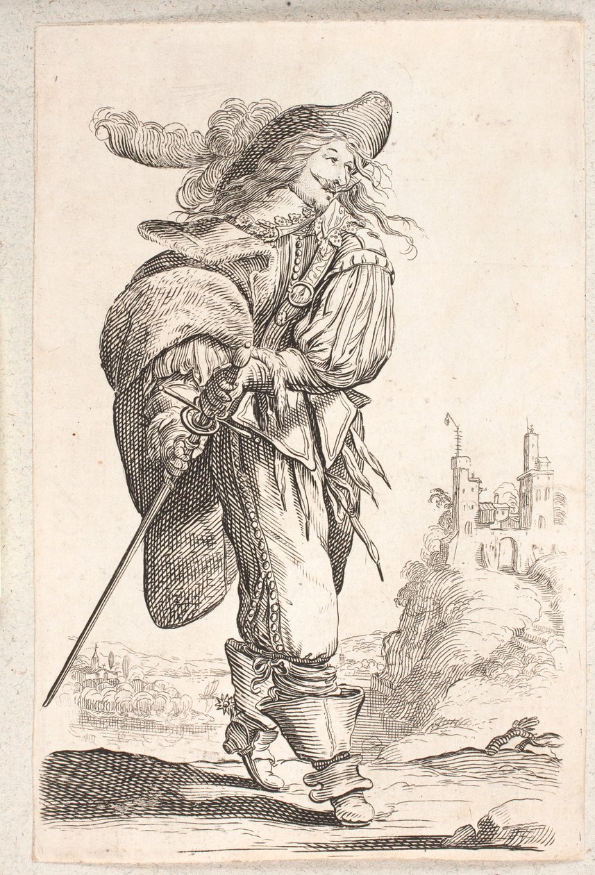 Gående mand, trekvart profil t.h., som griber efter kården ved sin hofte. I baggrunden en borg af Salomon Savery